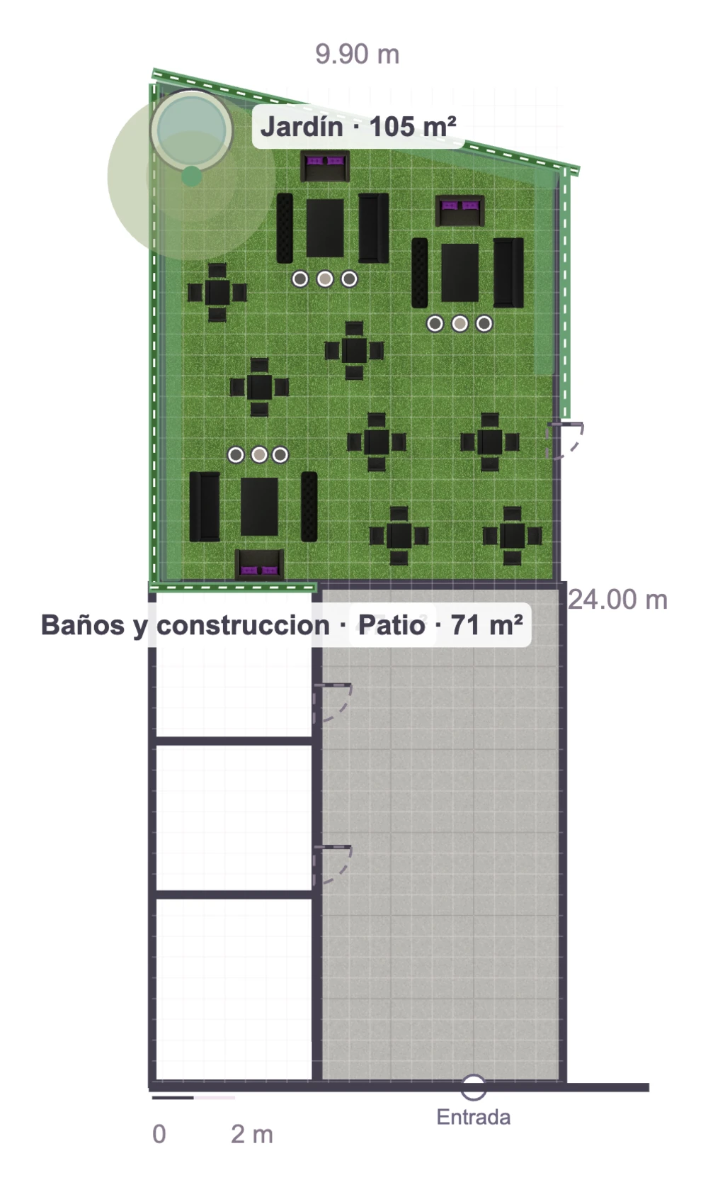 Croquis a escala de un jardín de 105 metros cuadrados con salas, mesas altas y bancas, su patio y los baños