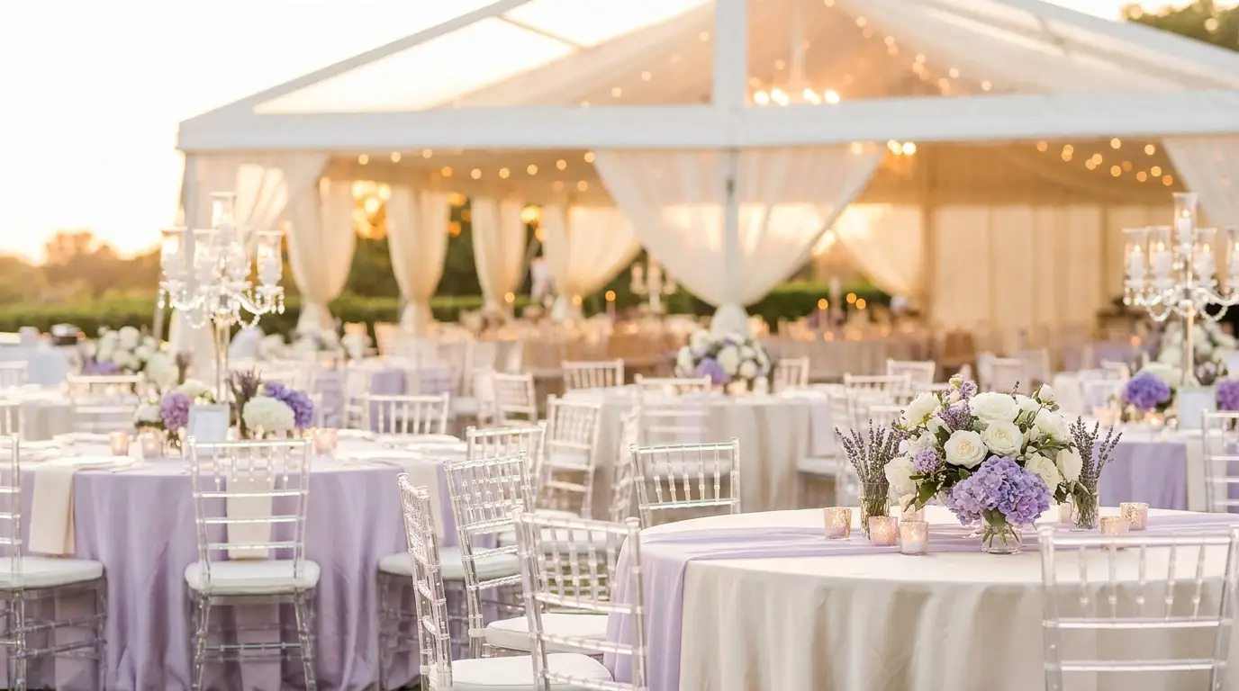 Montaje de boda con sillas y mesas en tonos lavanda y crema