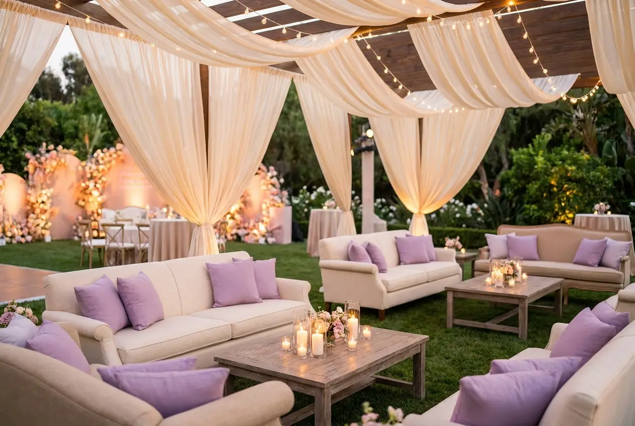 Lounge de evento al atardecer con luces cálidas