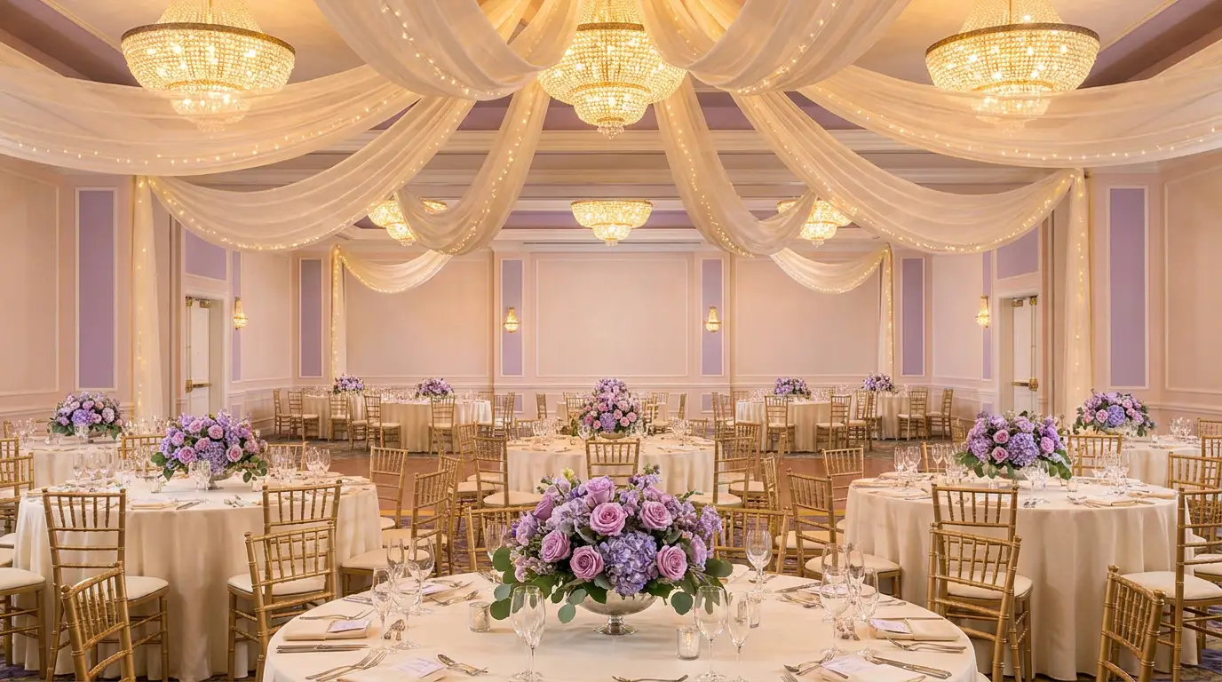 Salón de eventos elegante montado para una gala con centros lavanda